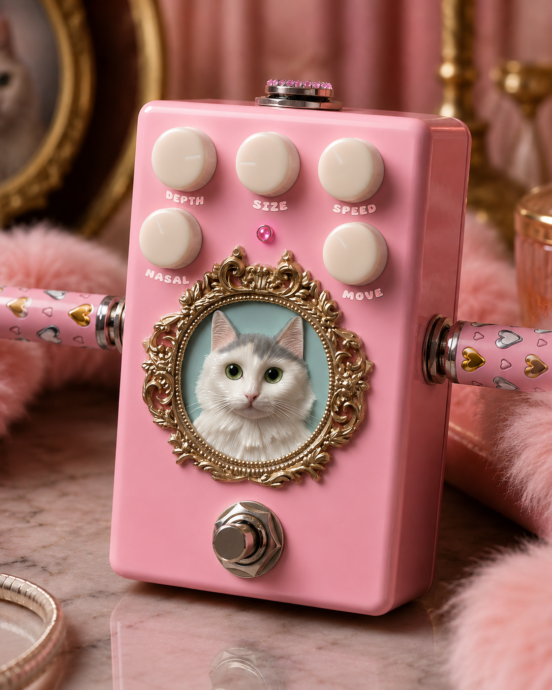 MEOW pink pitch-following cat-voice pedal plugin with an ornate framed cat portrait